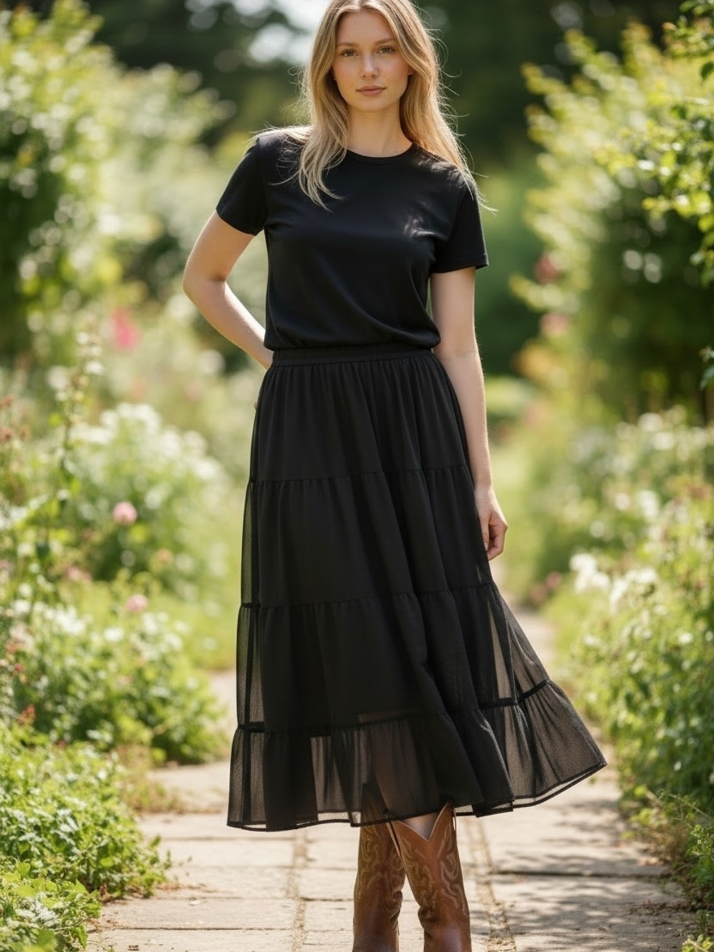 Signature Black Tiered Midi Western Cowgirl Sheer Skirt Sz 3X